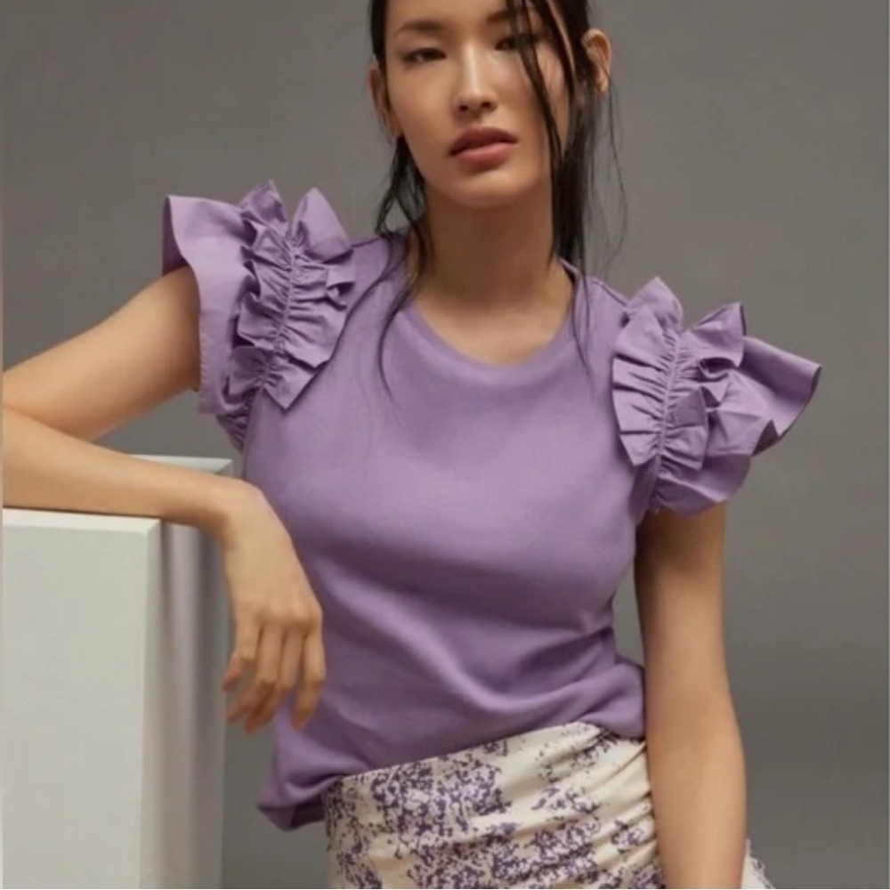 By Anthropologie Woven Ruffle Lavender Top Blouse size Large